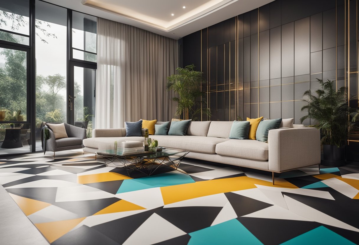 A modern living room with a 3D floor design, showcasing geometric patterns and vibrant colors, creating a visually striking and unique space
