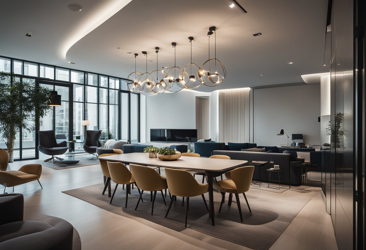 A modern, sleek interior with clean lines and pops of color. Minimalist furniture and unique lighting fixtures create a sophisticated atmosphere
