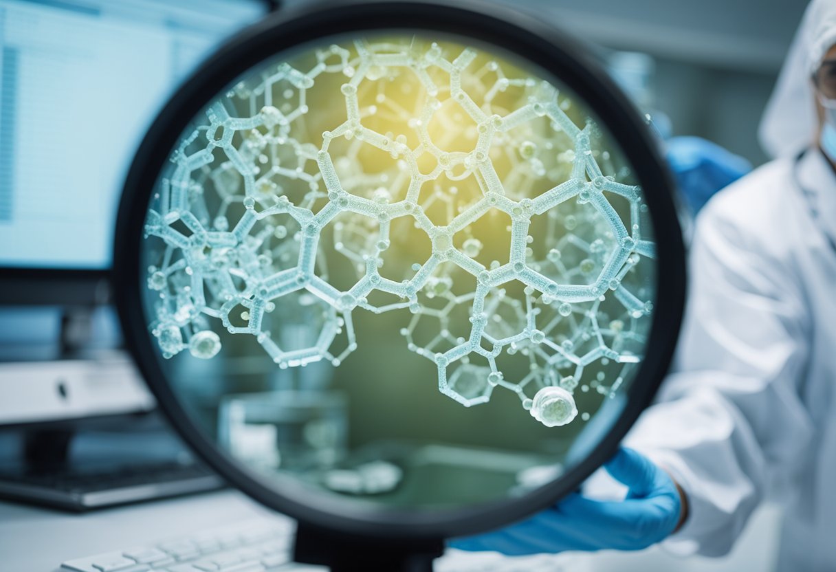 A magnifying glass hovers over a petri dish with a virus sample, while a scientist in a lab coat analyzes data on a computer screen