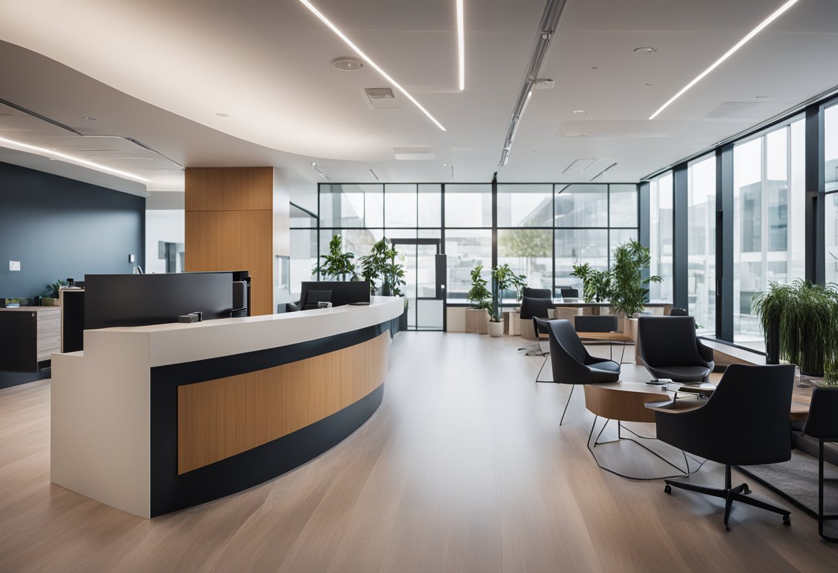 A modern, sleek office space with a focus on client satisfaction. Clean lines, minimalist decor, and comfortable seating areas. A reception desk with friendly staff ready to assist