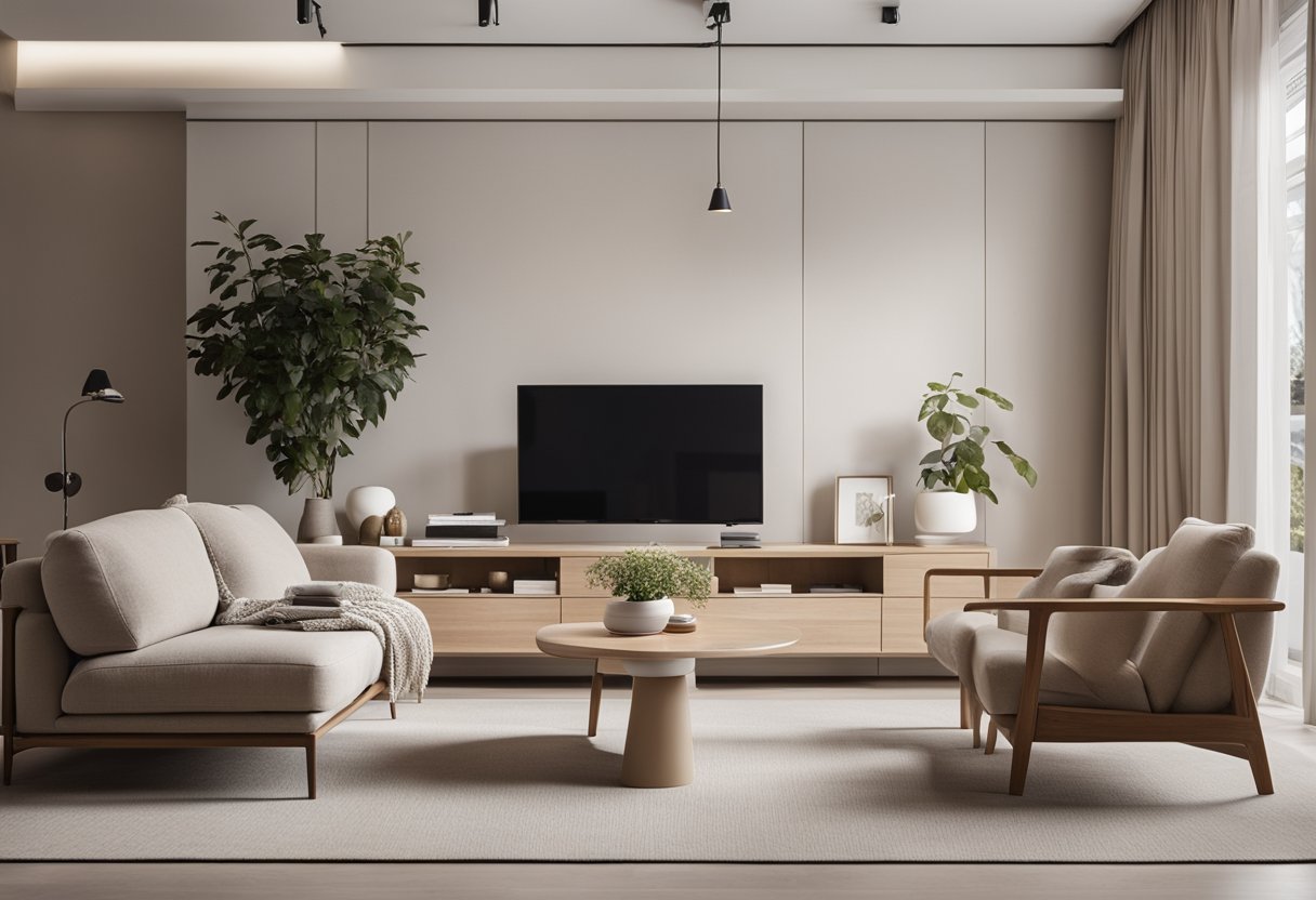 A cozy living room with a sleek, minimalist design. A neutral color palette, low-profile furniture, and clever storage solutions maximize the limited space