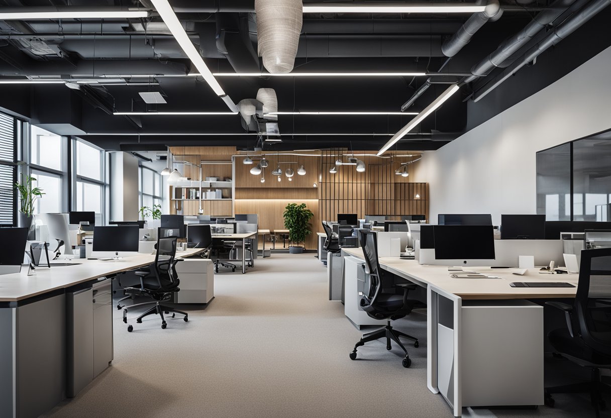 A modern office space with sleek furniture, vibrant color accents, and innovative design elements. A team of designers collaborating on mood boards and floor plans