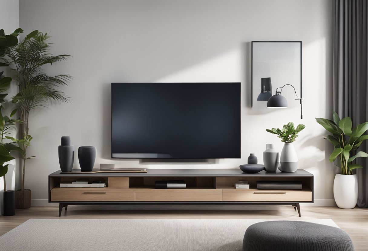 A sleek, modern TV unit sits against a white wall in a spacious living room. The unit features clean lines, open shelving, and a large flat-screen TV