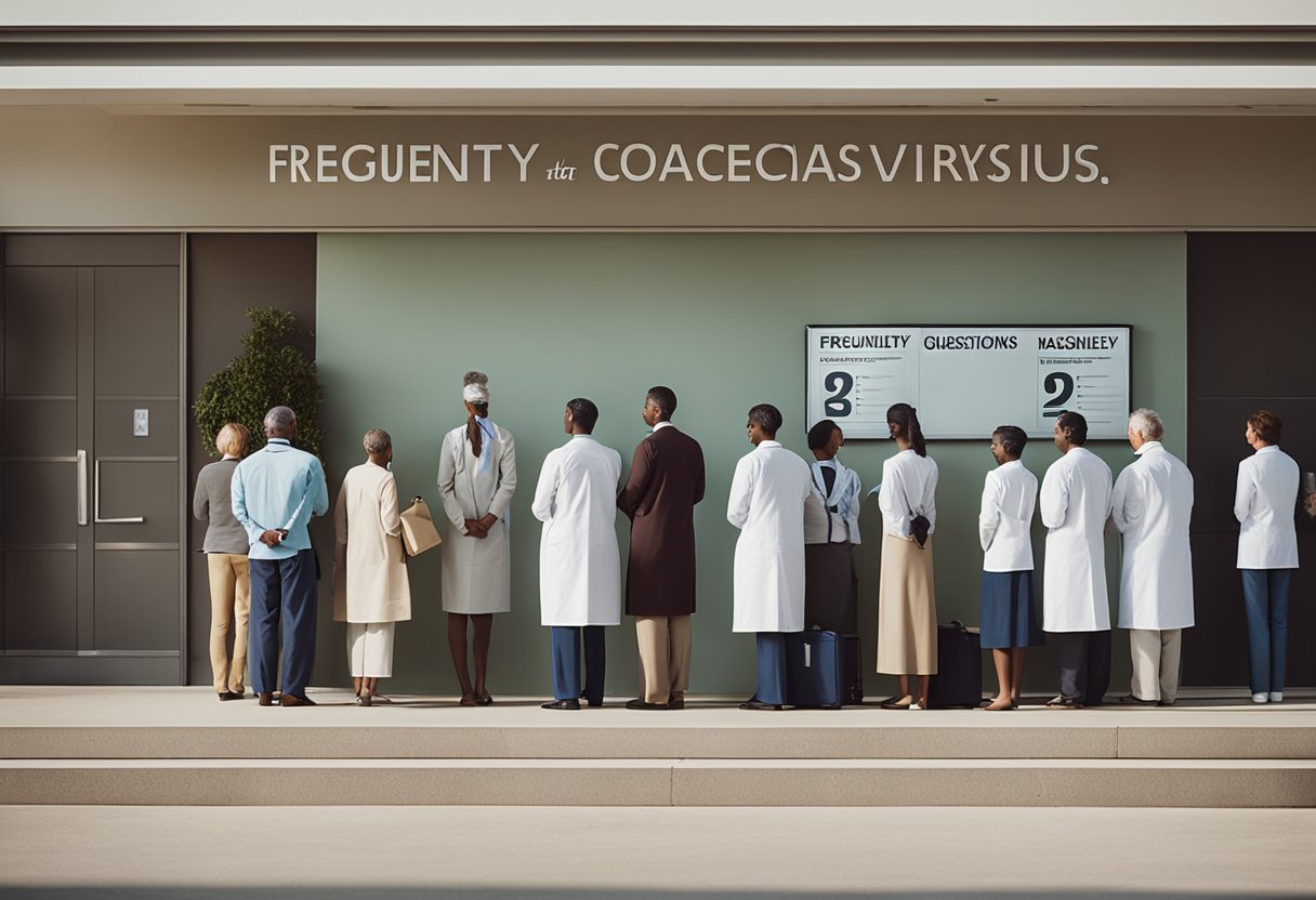 A group of people lining up at a medical clinic, with a sign reading "Frequently Asked Questions Coxsackievirus" displayed prominently