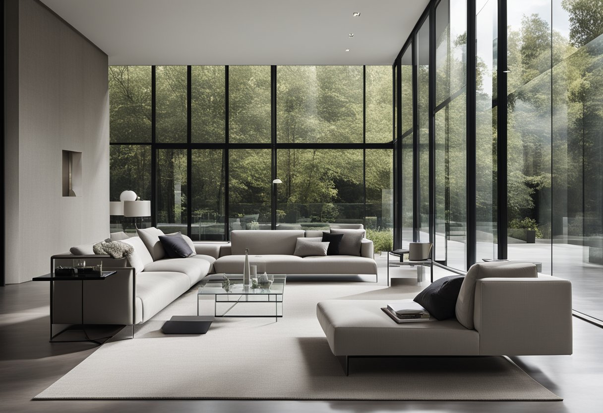 A sleek, modern sofa sits against a long, mirrored wall. A glass coffee table with clean lines is centered in the room, surrounded by minimalist decor and floor-to-ceiling windows letting in natural light