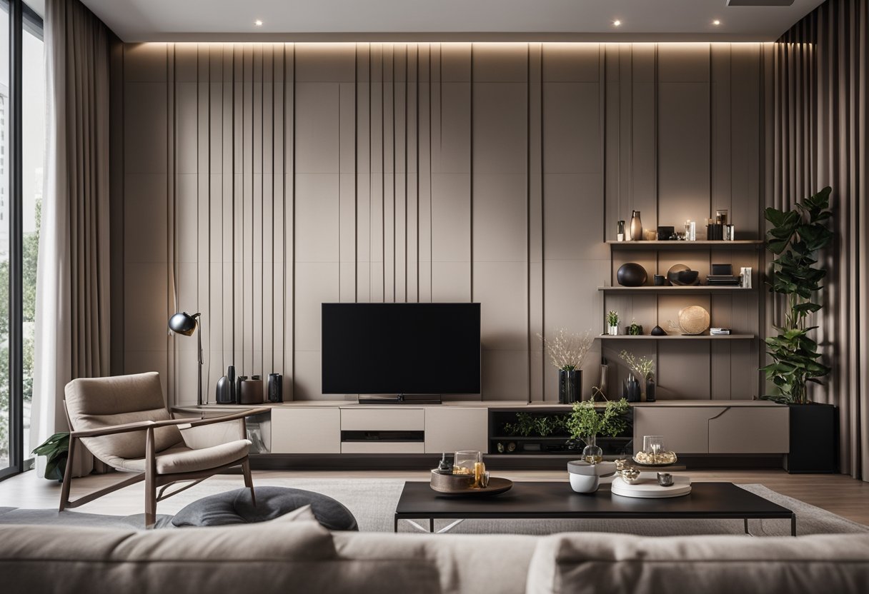 A spacious living room with a sleek, modern TV unit against a stylish feature wall, surrounded by comfortable seating and decorative accents