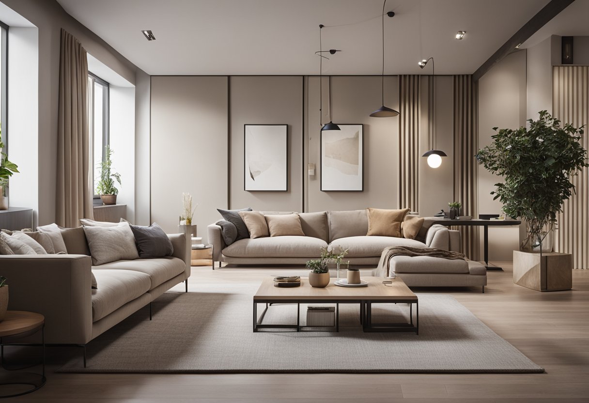 A long, narrow living room with minimalistic furniture and clever use of space. A neutral color palette and strategic lighting create a cozy and functional atmosphere