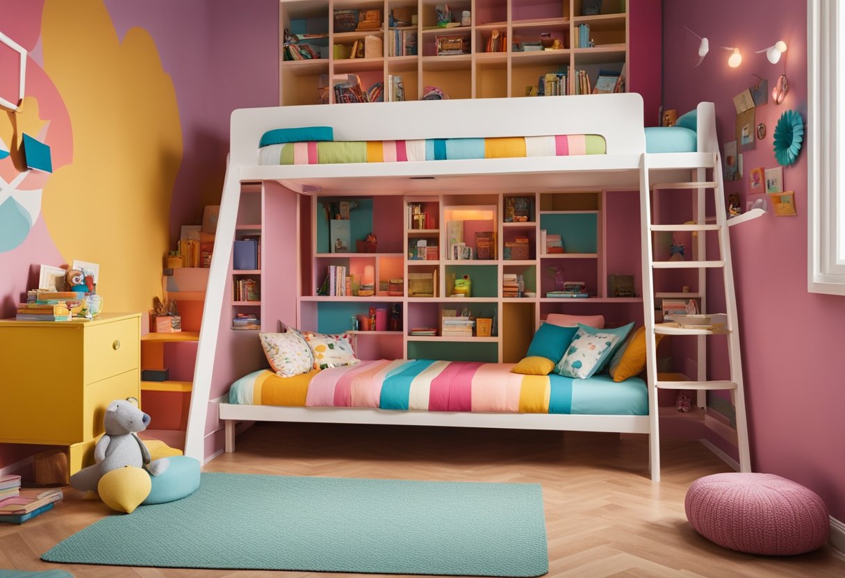 A colorful kids bedroom with a bunk bed, toy chest, and bookshelf. Brightly colored walls with playful wallpaper and a cozy reading nook