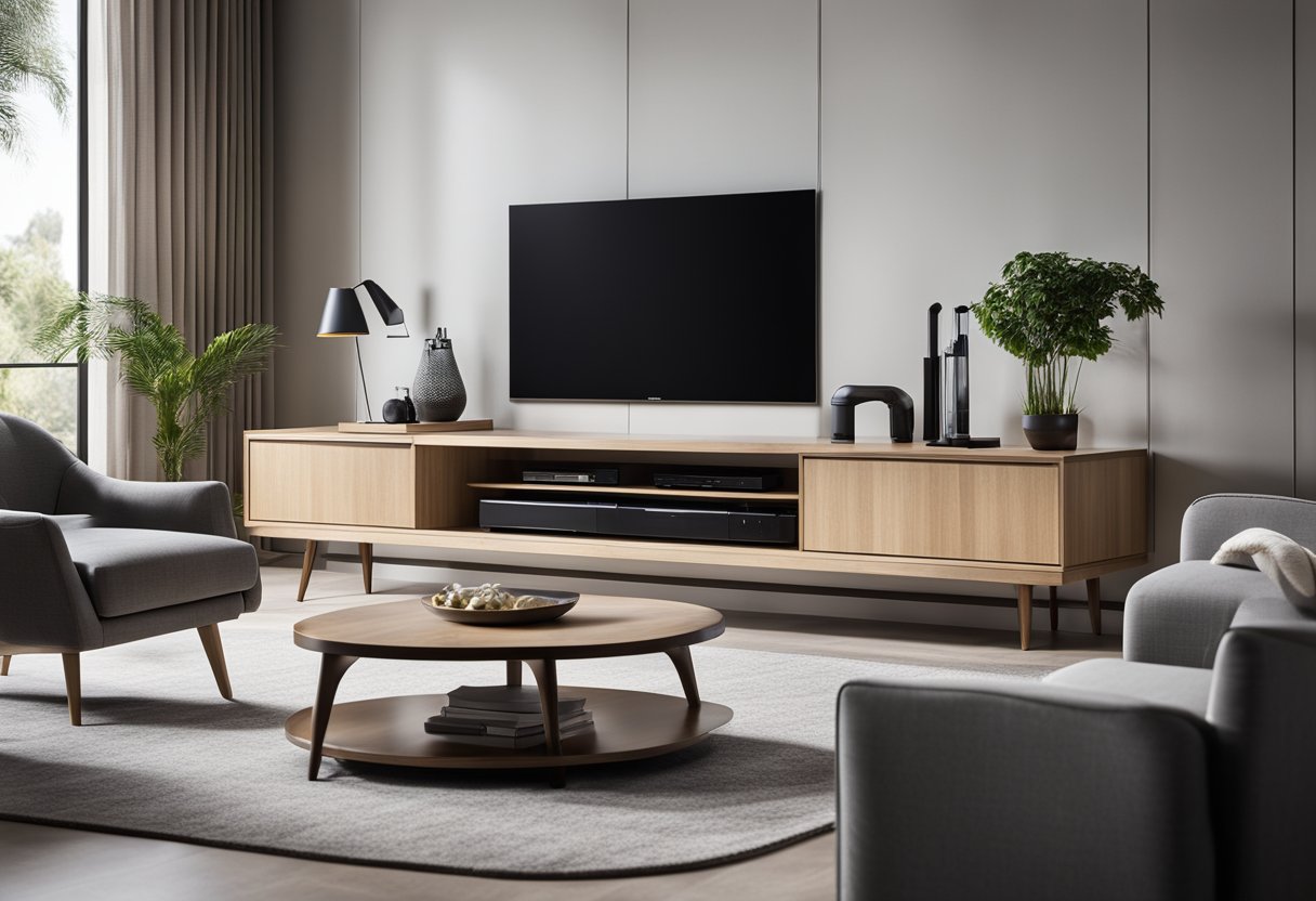 A sleek, modern TV unit is the focal point of the living room, with clean lines and integrated storage for maximum functionality and style