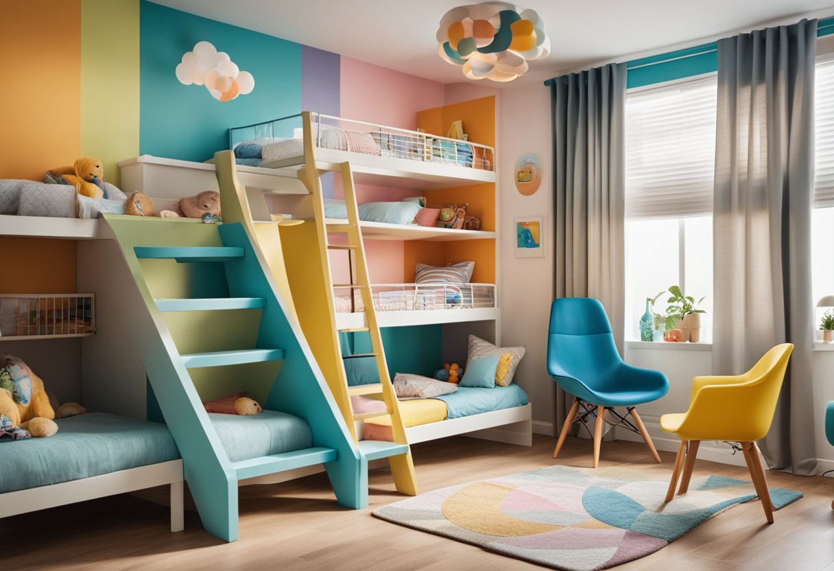 A colorful kids bedroom with bunk beds, toy storage, and a play area with a small table and chairs. Bright and cheerful decor with a whimsical wall mural