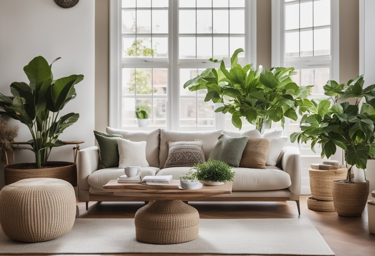 A cozy living room with a neutral color scheme, a comfortable sofa, wall art, and a mix of decorative pillows. A small coffee table with a stack of books and a potted plant adds a touch of greenery