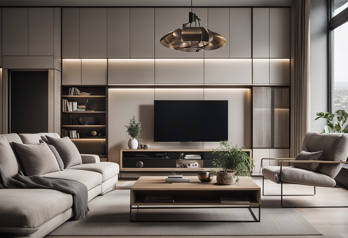 A modern living room with a sleek TV unit, surrounded by minimalist furniture, clean lines, and a neutral color palette