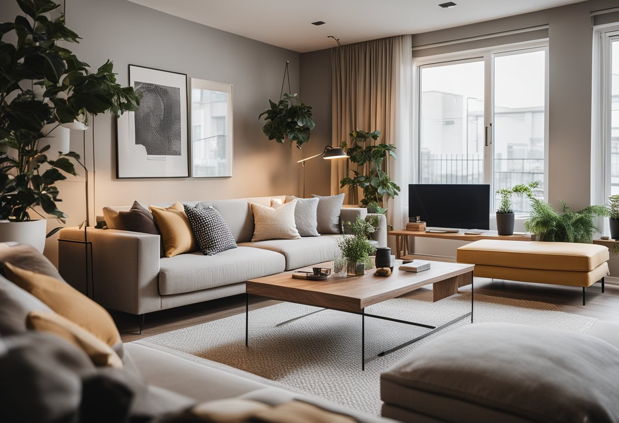 A cozy living room with multifunctional furniture, clever storage solutions, and stylish decor. A neutral color palette with pops of color and plenty of natural light
