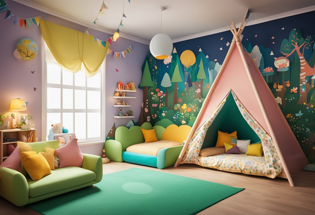 A colorful kids bedroom with a cozy reading nook, a play area with toys and games, and a whimsical mural of a magical forest
