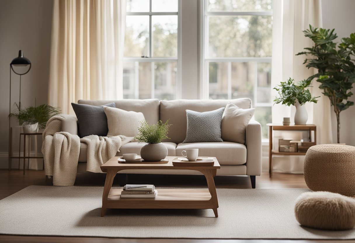 A cozy living room with simple, affordable decor. Neutral colored sofa with throw pillows, a small coffee table, and wall art. Natural light streaming in through the window