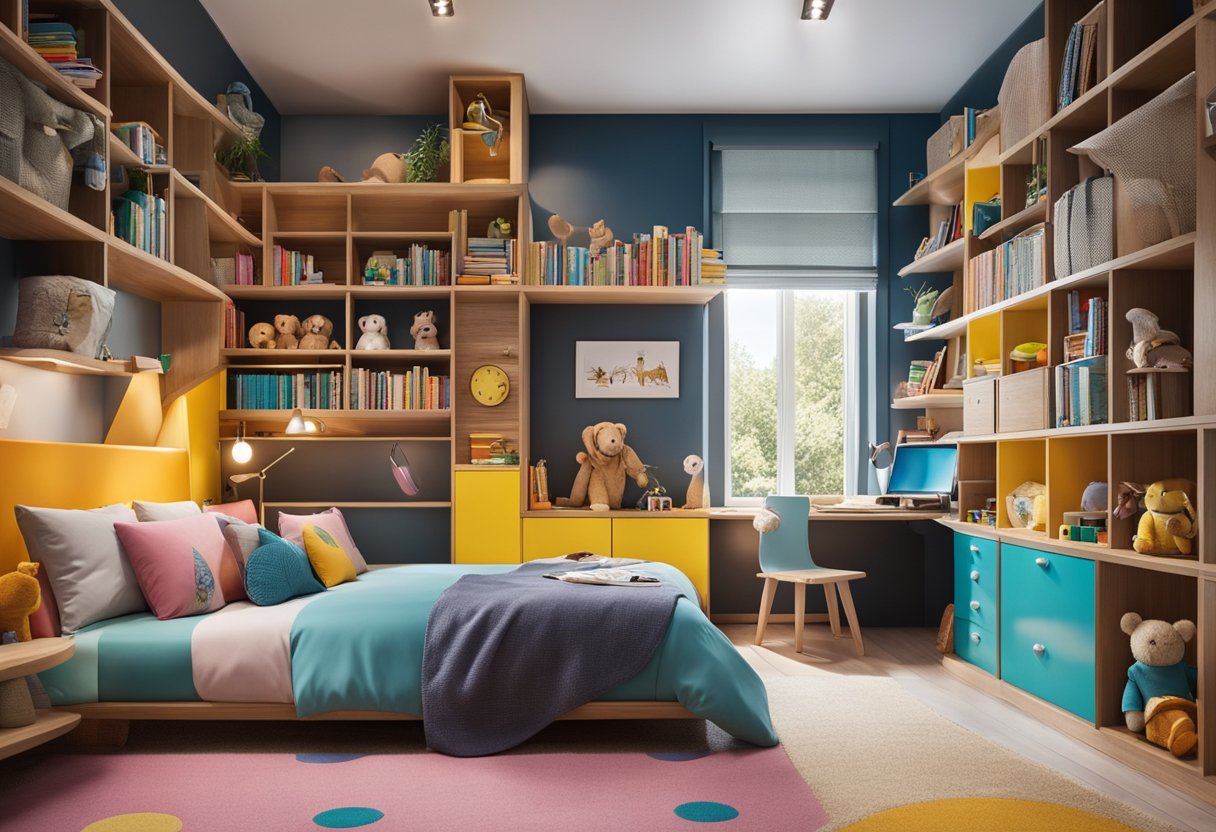A colorful and vibrant kids bedroom with a cozy bed, a study desk, and shelves filled with books and toys. A playful and inviting space for children to learn and play