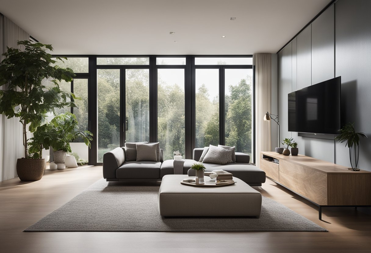 A rectangular living room with modern furniture and large windows, allowing natural light to fill the space