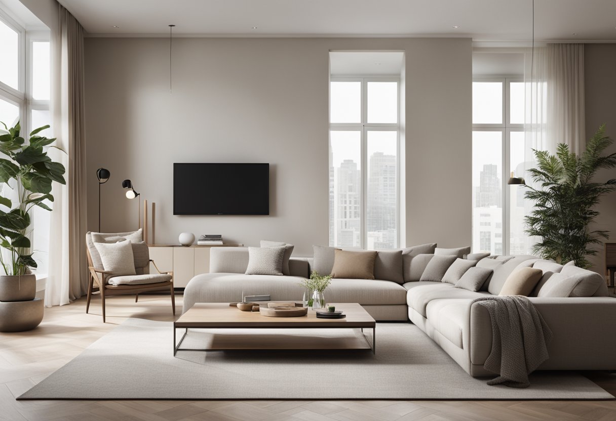 The rectangular living room features a minimalist design with sleek furniture and strategic placement to maximize space and flow. The neutral color palette and natural lighting create a sense of openness and tranquility