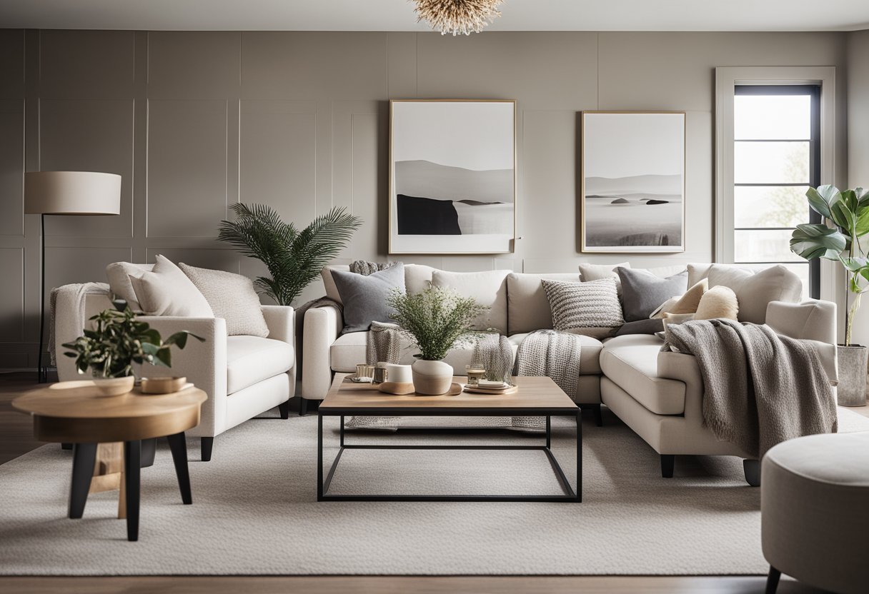 A cozy, modern living room with a neutral color palette, plush seating, and personalized decor accents like family photos and unique artwork