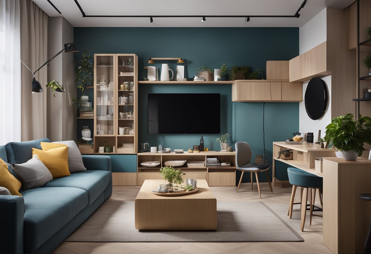 A cozy, compact living room with clever storage solutions, multipurpose furniture, and a bright color scheme. A small dining area and a functional kitchenette complete the space