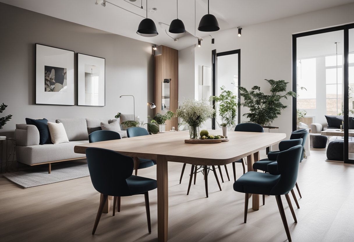 A spacious living room with a modern dining table, surrounded by stylish chairs. The room is filled with natural light, and the decor is minimalistic yet elegant