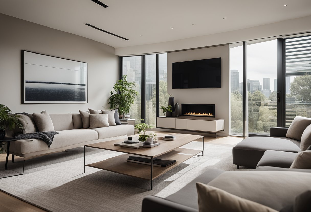 A spacious rectangle living room with modern furniture, large windows, and a neutral color scheme. A sleek coffee table sits in the center, surrounded by comfortable seating and a minimalist entertainment center