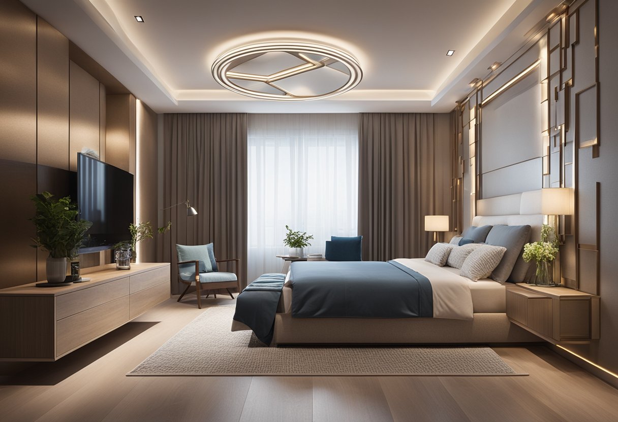 A modern bedroom with a sleek, geometric ceiling design featuring recessed lighting and intricate patterns