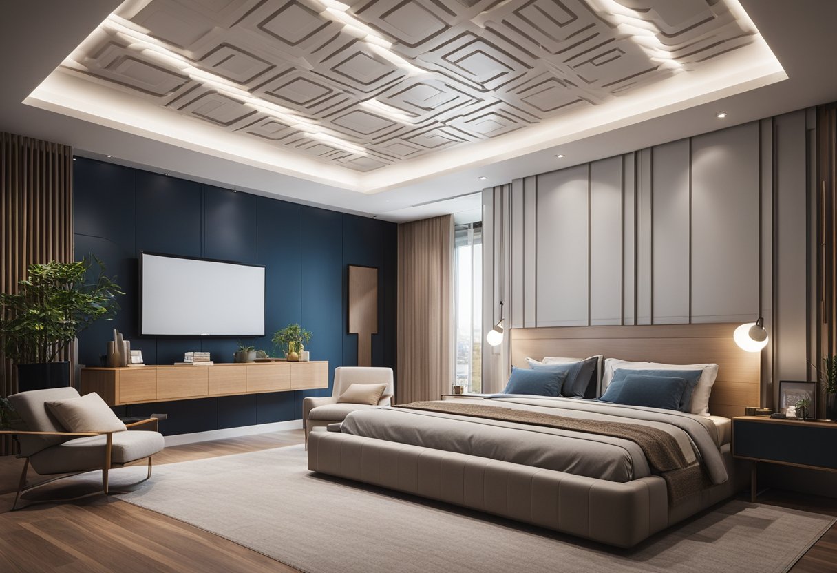 A modern bedroom with a sleek, geometric ceiling design featuring recessed lighting and subtle patterns