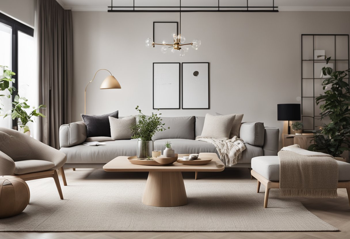 A cozy living room with a modern dining table, minimalist decor, natural lighting, and a neutral color palette
