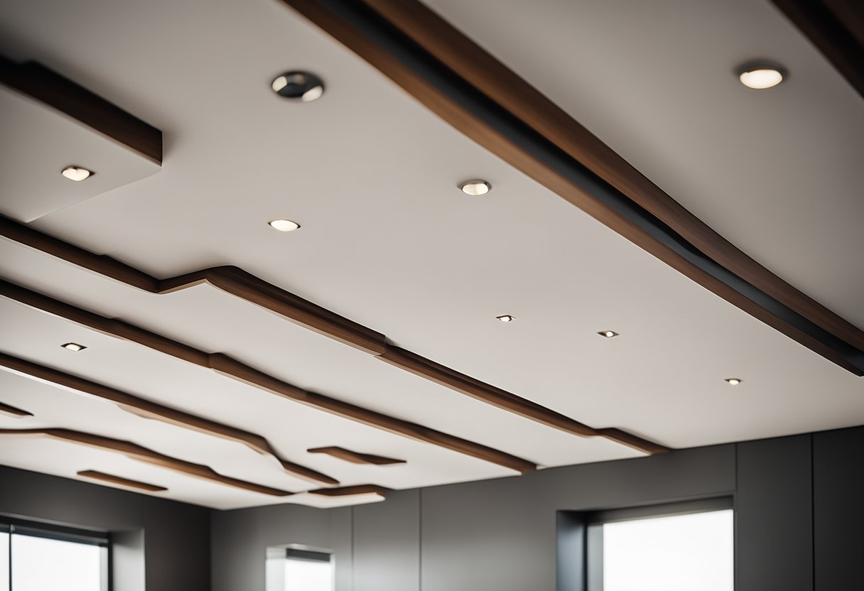 The bedroom ceiling features a modern design with a combination of smooth plaster and wood paneling, creating a sleek and elegant texture
