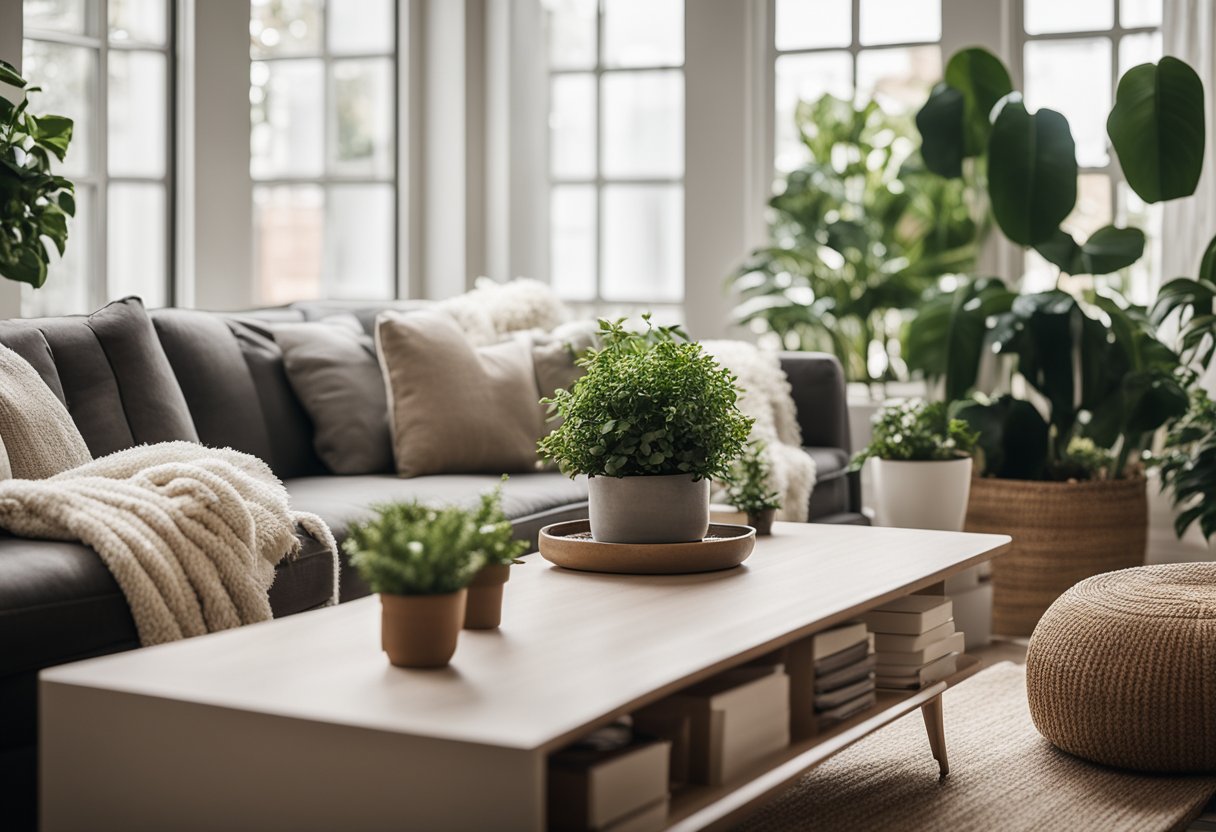 A cozy living room with a large, plush sofa, a coffee table, and a soft rug. The room is filled with natural light from a large window, and there are potted plants and decorative pillows scattered around the space