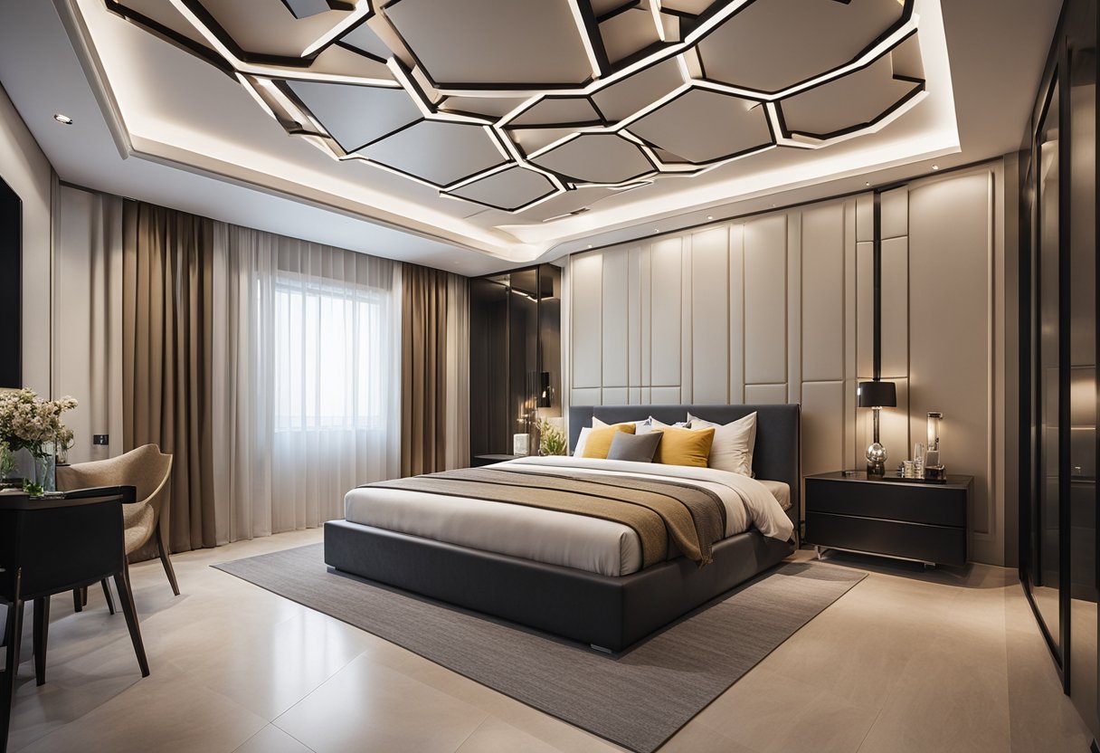 A bedroom with a modern ceiling design, featuring clean lines and geometric patterns, creating a sense of elegance and sophistication