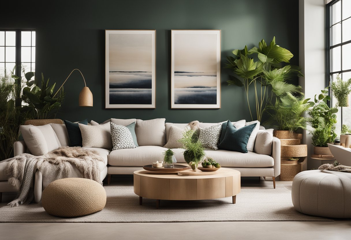 A cozy living room with a neutral color palette, plush seating, and a mix of textures in the form of throw pillows, rugs, and wall art. The space is accented with greenery and natural light streaming in from large windows