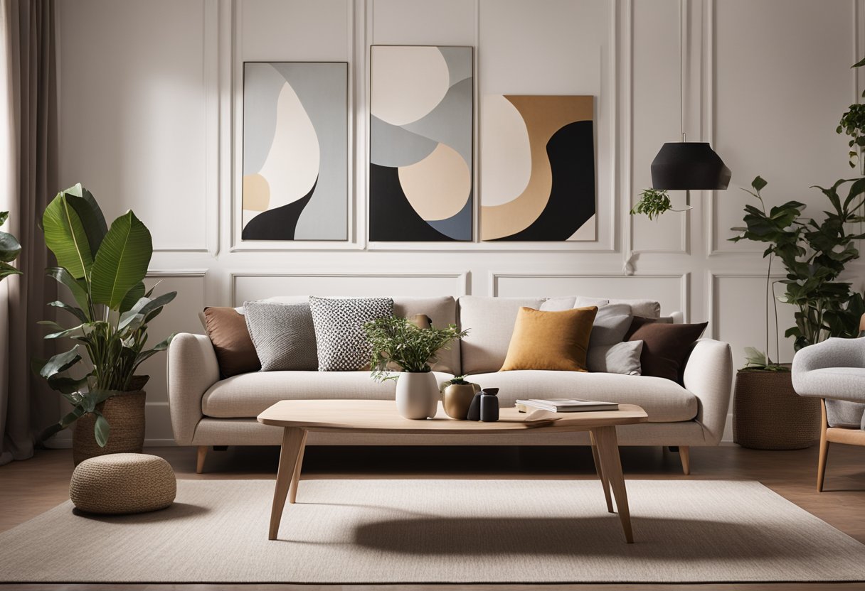 A cozy living room with a stylish sofa, coffee table, and soft lighting. A large rug anchors the space, with artwork and plants adding a touch of personality