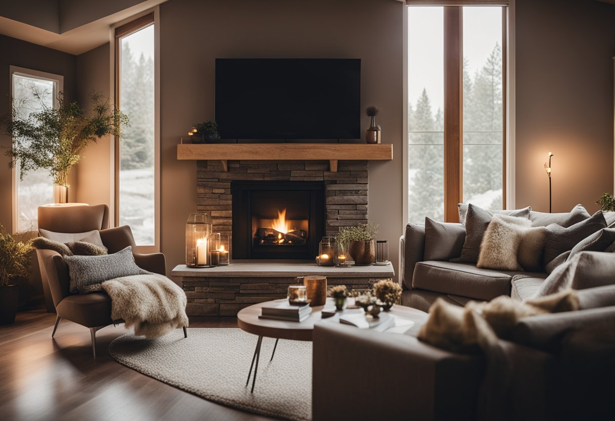A cozy living room with earthy tones, soft lighting, and plush furniture. A crackling fireplace adds warmth, while natural materials and textures create a comforting atmosphere