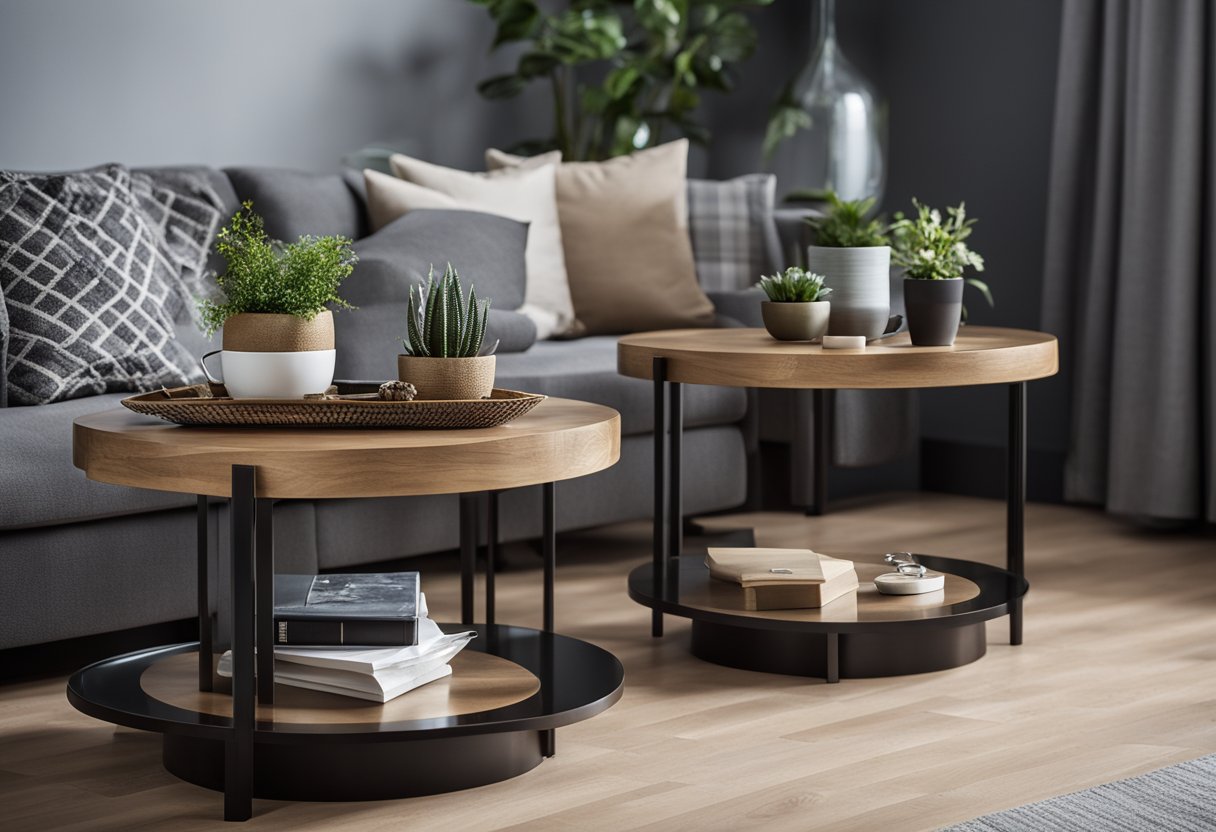Various side tables in a living room: round, square, wood, metal, glass, with and without shelves