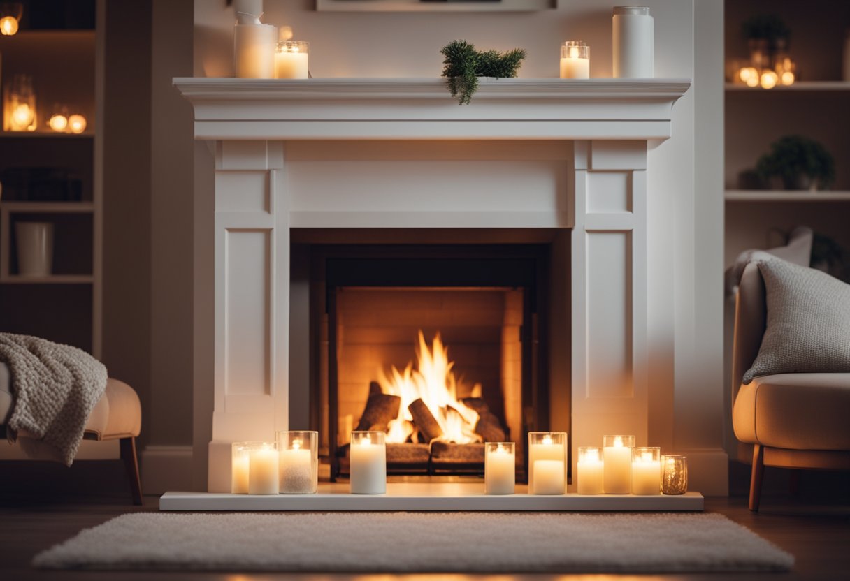 A crackling fireplace illuminates a room with soft, warm lighting. Plush rugs and cushions invite relaxation, while gentle music fills the air