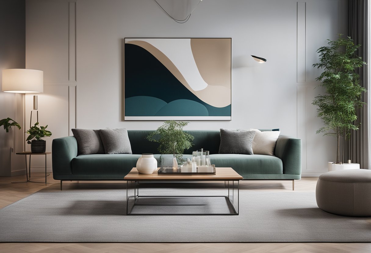 A sleek living room with modern furniture, including a minimalist sofa, glass coffee table, and abstract artwork on the wall