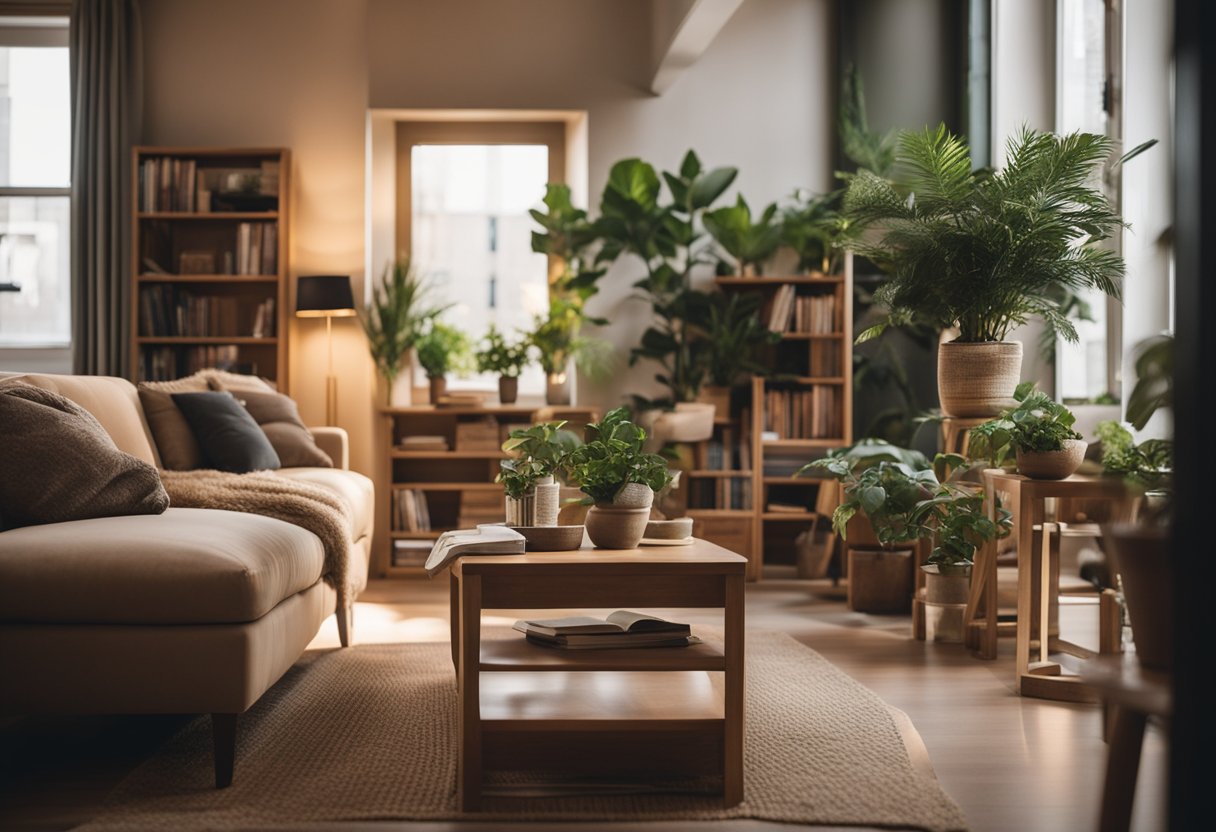 A cozy living room with soft lighting, comfortable furniture, and warm earthy tones. A bookshelf filled with books and plants adds to the inviting atmosphere