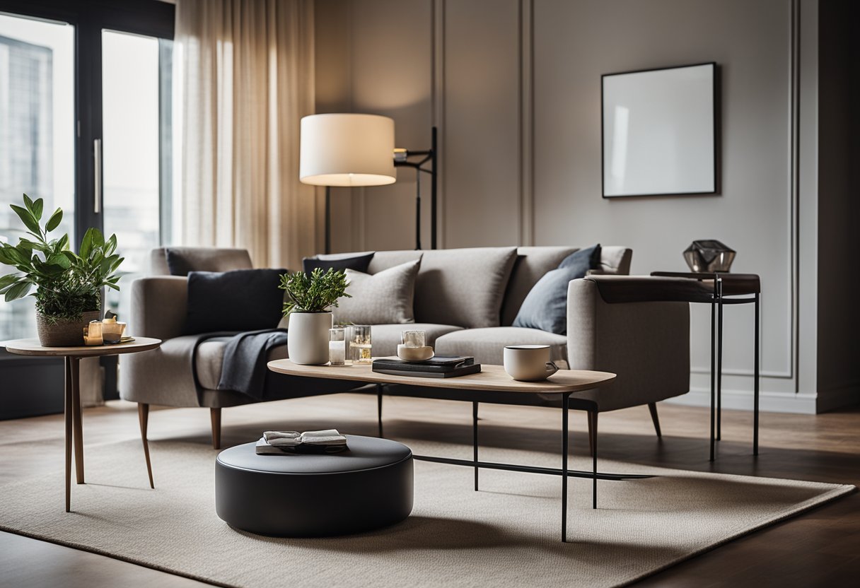 A sleek, modern side table sits in a well-lit living room, showcasing various design options. A cozy armchair and a stylish lamp complement the scene