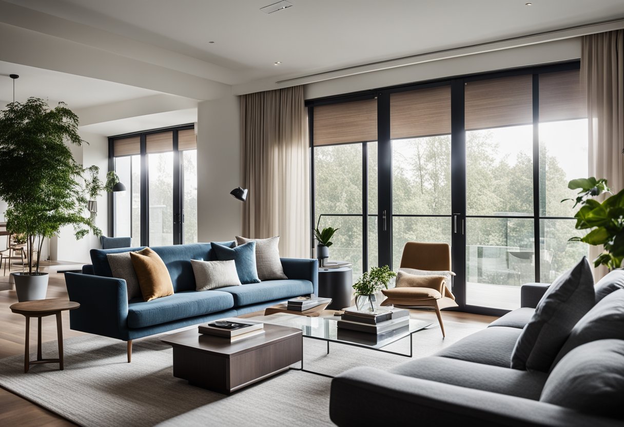 A modern living room with sleek furniture, clean lines, and neutral colors. A large, comfortable sofa sits opposite a minimalist coffee table. A statement rug anchors the space, while floor-to-ceiling windows flood the room with natural light