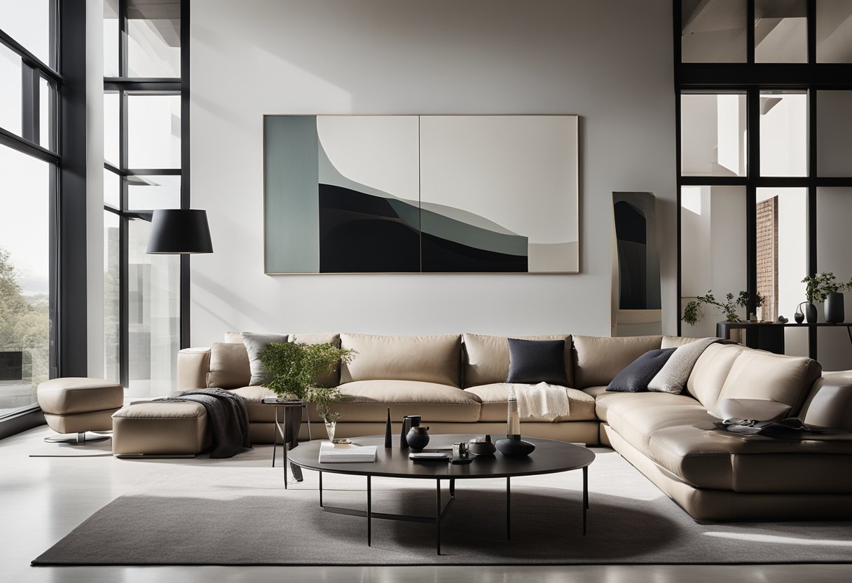A sleek, minimalist living room with clean lines, neutral colors, and a combination of leather and metal furniture. A large, abstract art piece hangs on the wall, and floor-to-ceiling windows let in plenty of natural light