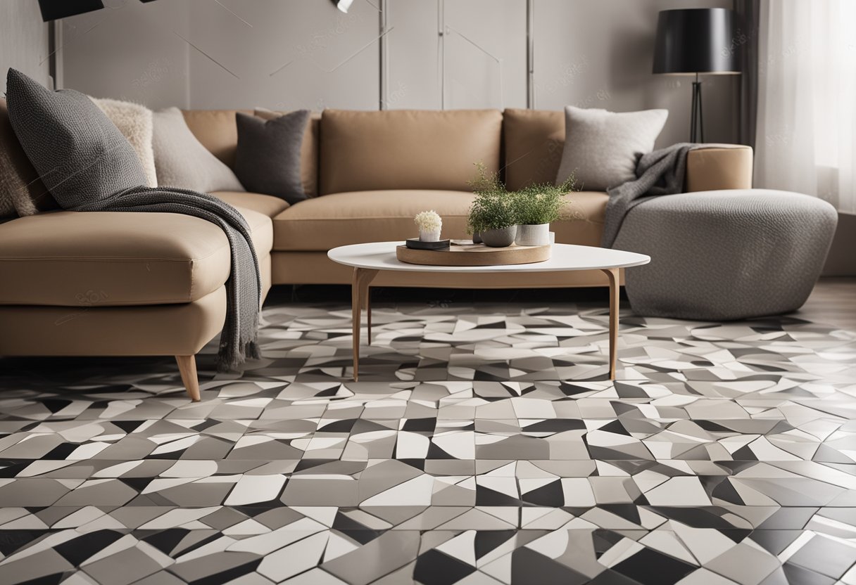 A cozy living room with a tiled floor, featuring a modern geometric design in neutral tones. The tiles seamlessly blend into the decor, adding a touch of elegance to the space