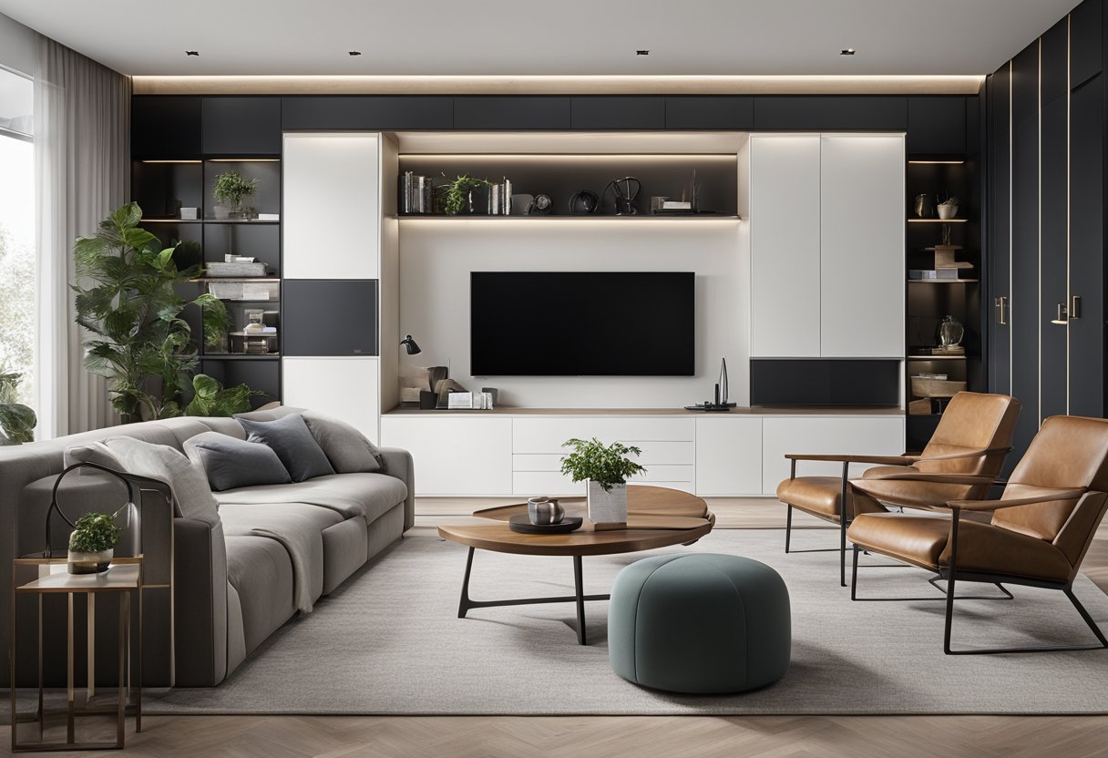 A spacious living room with sleek, modern built-in cabinets along one wall. The cabinets feature clean lines, minimalistic hardware, and ample storage space