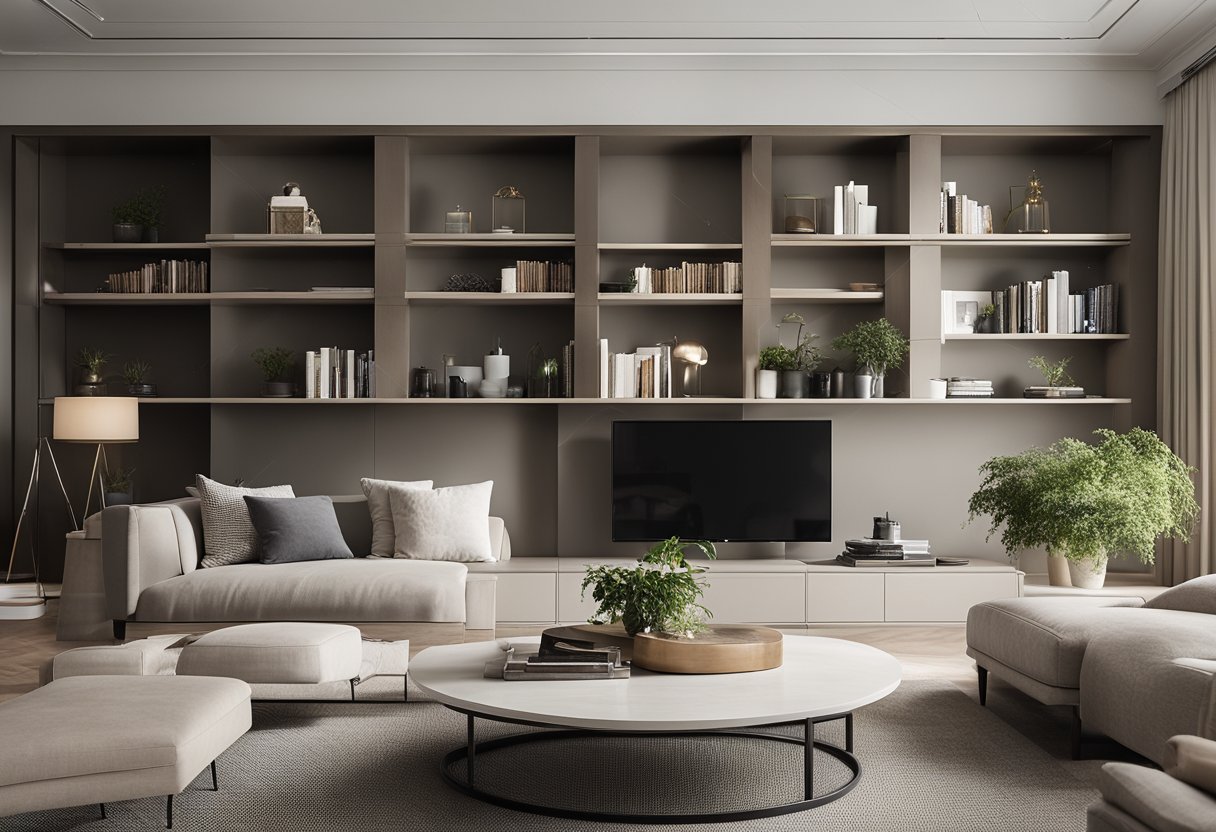 A modern living room with sleek furniture, including a minimalist sofa, coffee table, and bookshelves. Clean lines and neutral colors create a contemporary atmosphere