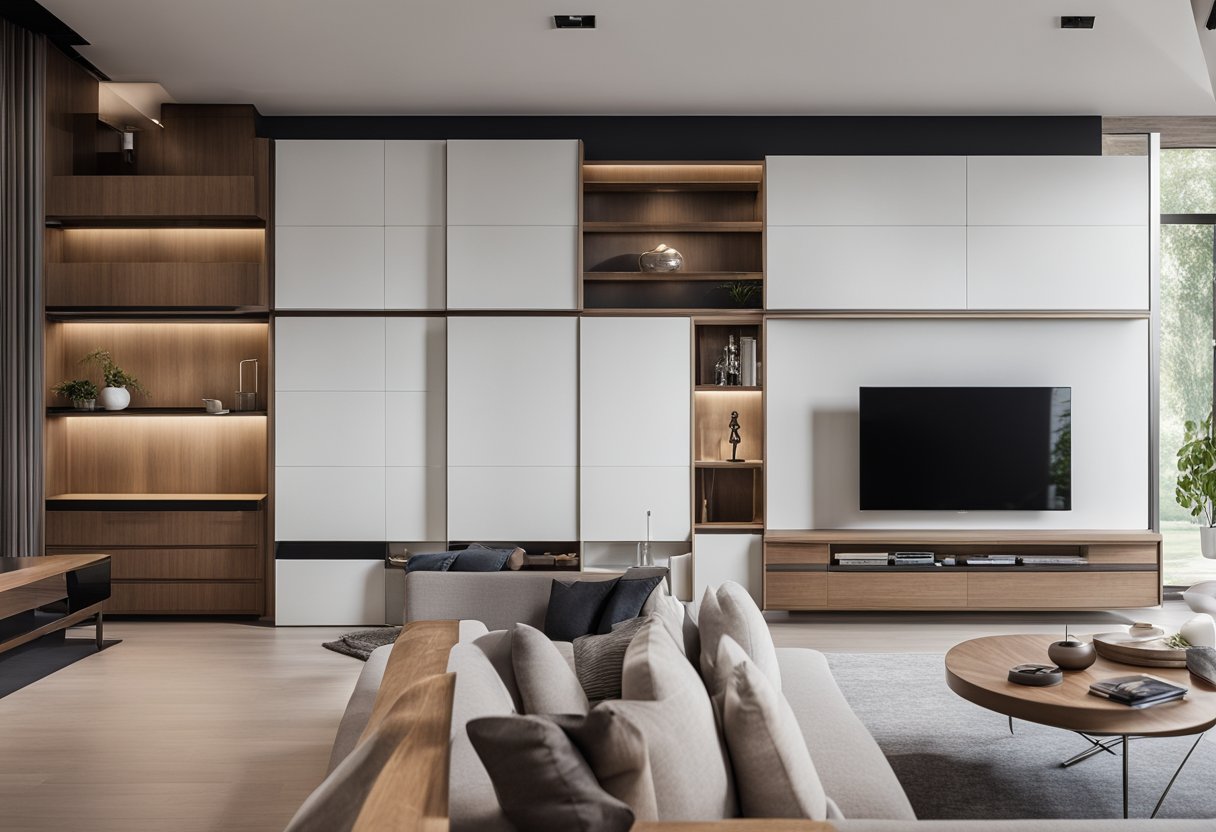 A spacious living room with sleek built-in cabinets, featuring clean lines and modern hardware. The cabinets are seamlessly integrated into the wall, providing ample storage and a stylish focal point for the room