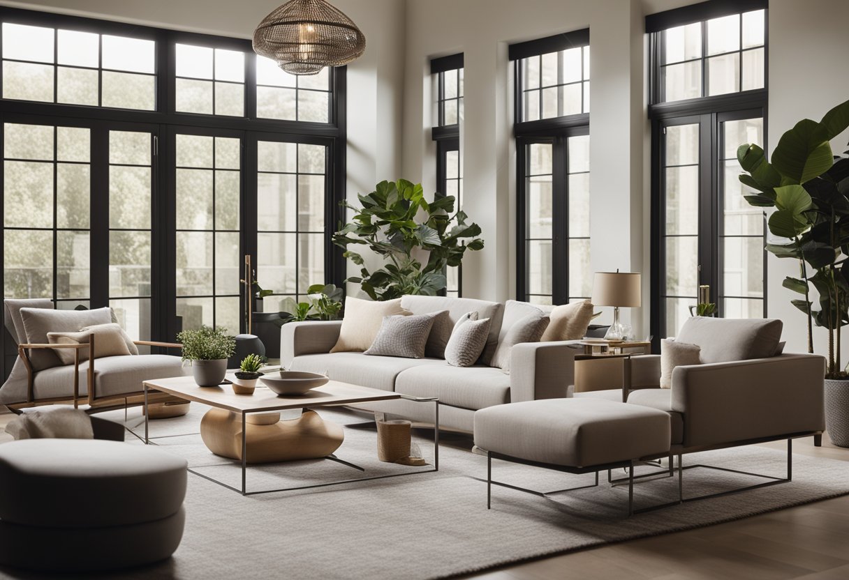 A modern living room with sleek furniture, neutral color palette, and large windows letting in natural light