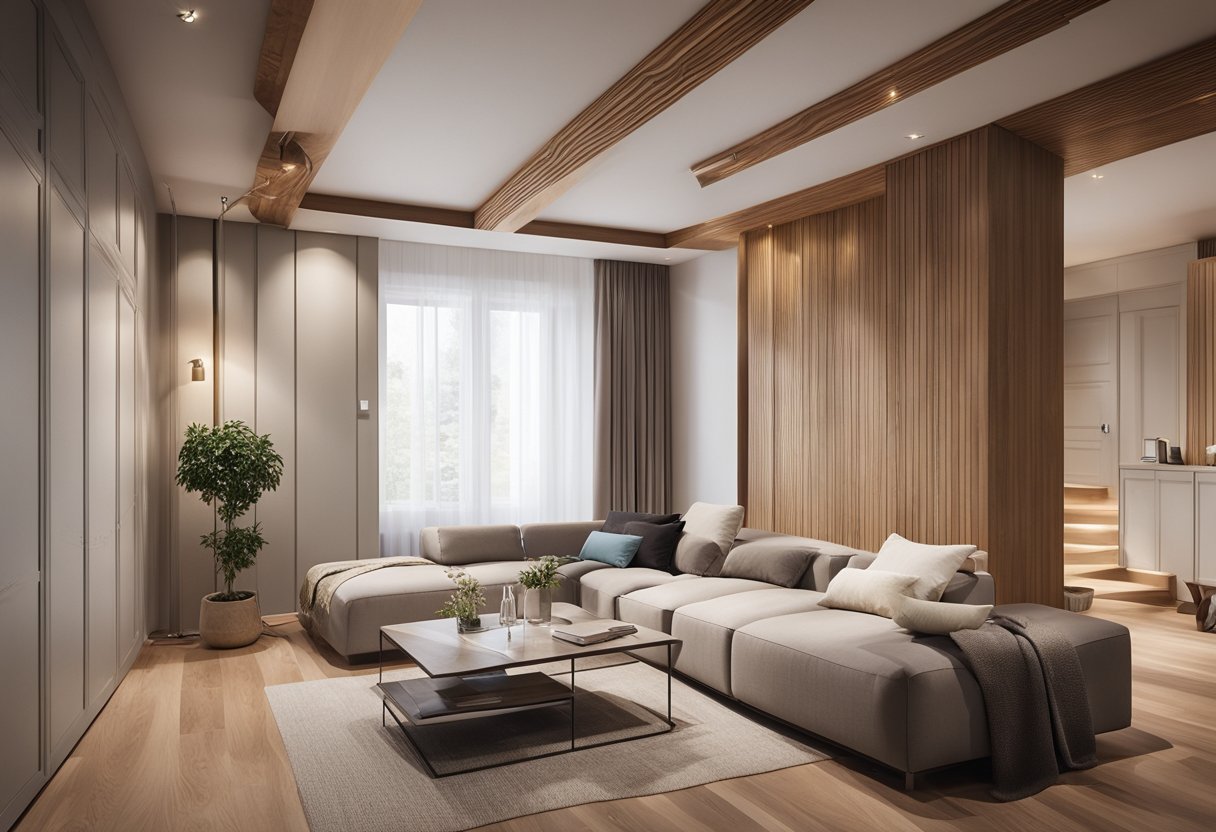 A simple wooden ceiling design adorns the spacious living room, with clean lines and natural wood tones adding warmth and elegance to the space