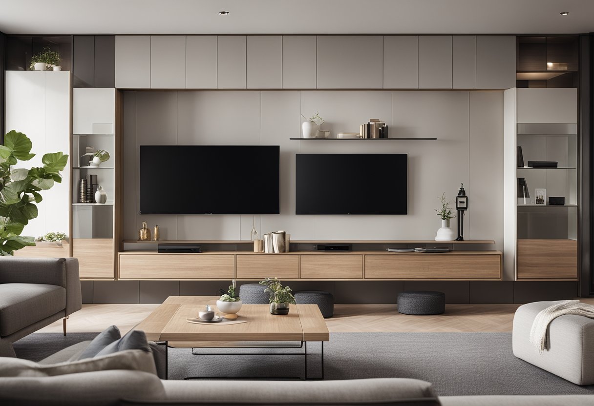 A modern living room with a built-in cabinet featuring sleek, minimalist design and ample storage space