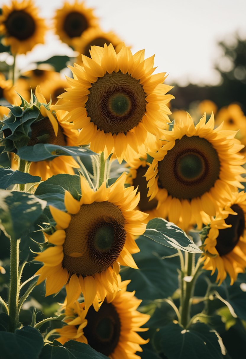 Vibrant sunflowers blooming in various containers, reaching for the sun